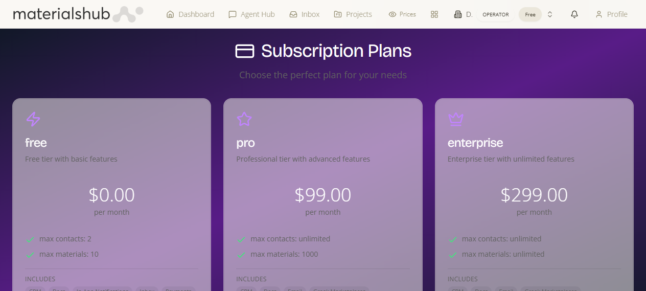 Subscription plans page