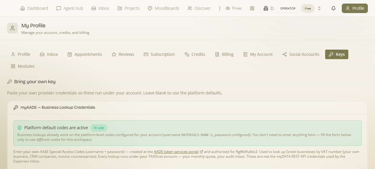 Profile → Keys — Connections and bring-your-own-key, per workspace
