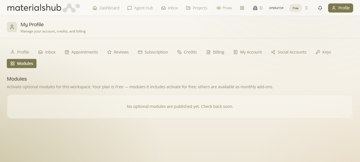 The Modules tab — activate optional modules for the workspace