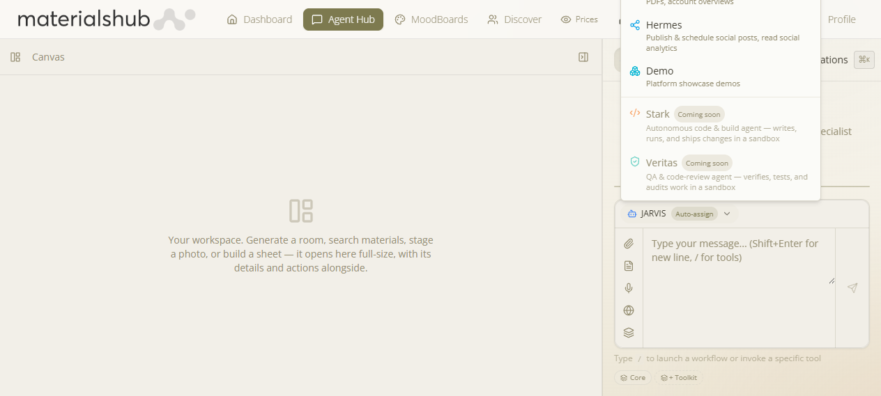 Agent Hub welcome screen with agent selector and composer