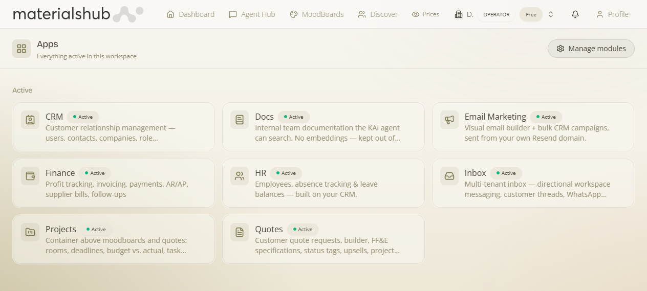 The App Launcher / Apps hub — active and available apps per workspace