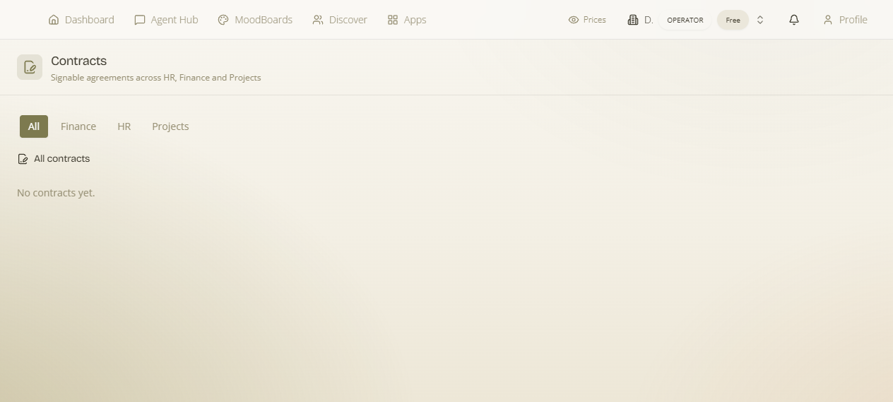 The Contracts page — signable agreements across HR, Finance and Projects