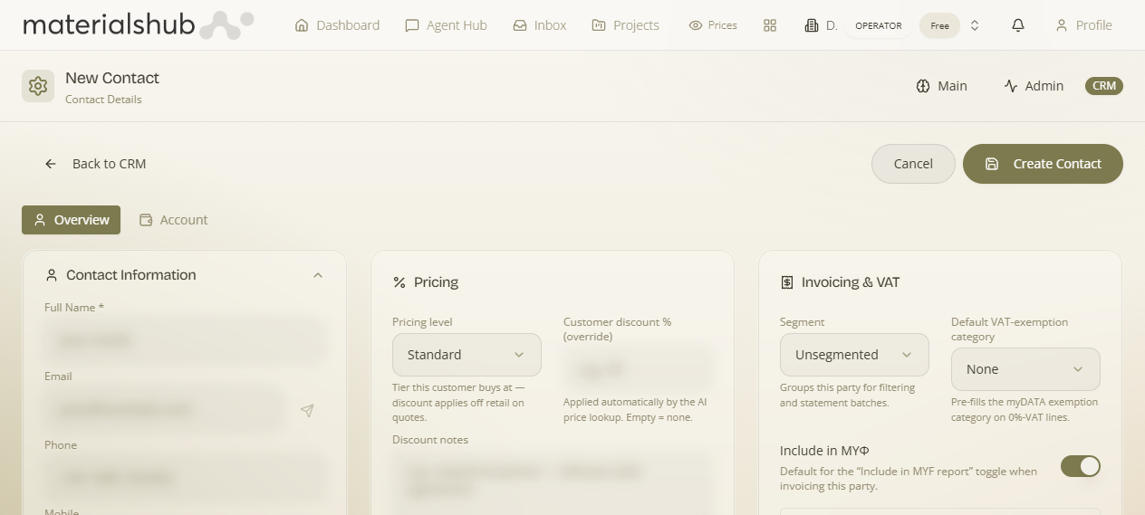 The New Contact form with grouped sections