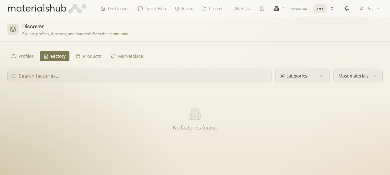 Discover Factory tab: the manufacturers directory with the All categories filter, search box and factory cards