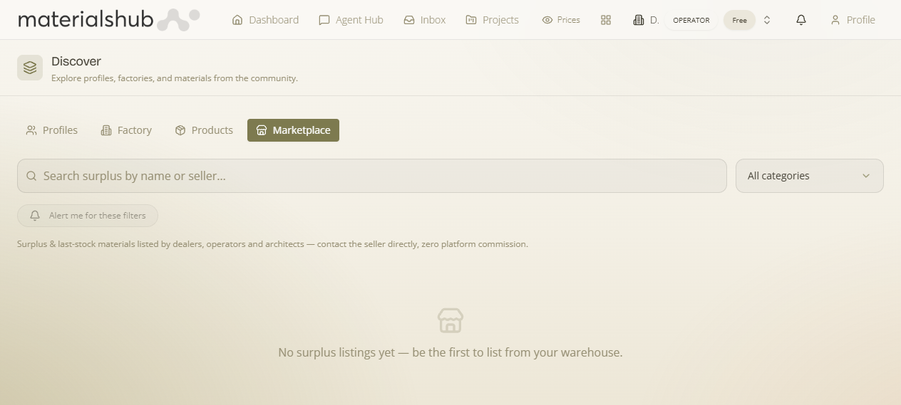 The Discover Marketplace tab — the surplus / last-stock marketplace