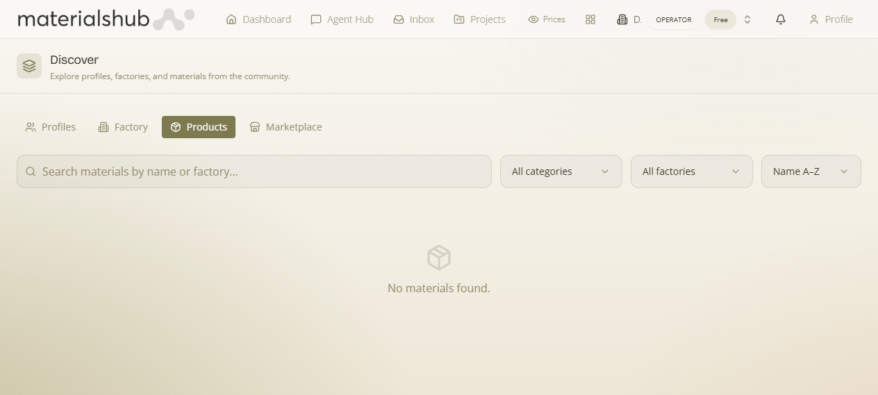 Discover Products tab: a catalogue of materials and products with the All categories filter, grid/list view toggle, search box and pagination
