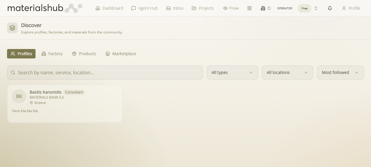 Discover Profiles tab: the community member directory with the All types filter, search box and member cards