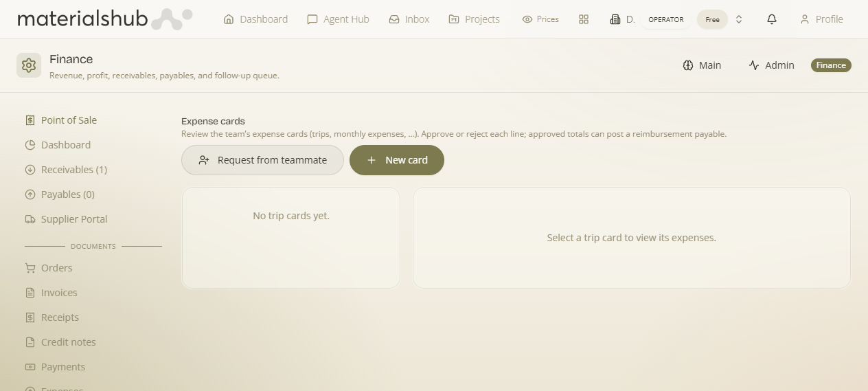 Finance Expense cards tab with New card and Request from teammate
