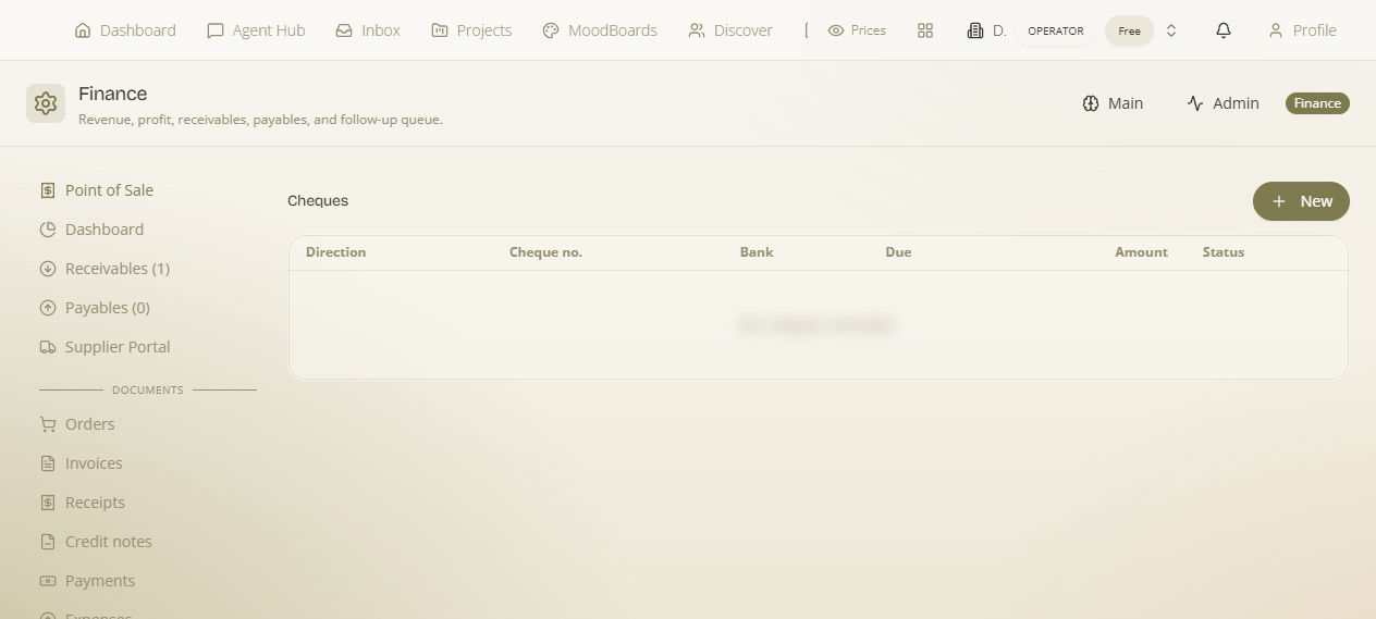 Finance Cheques tab