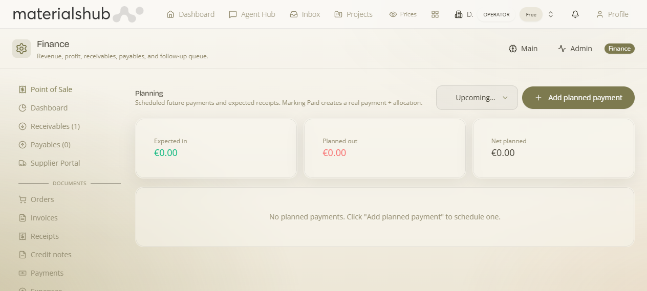 Planning tab: Add planned payment, the Upcoming (open) filter, and the Expected in / Planned out / Net planned stats