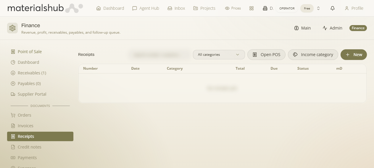Receipts tab: toolbar with New, Open POS and Income category, and the receipts column table