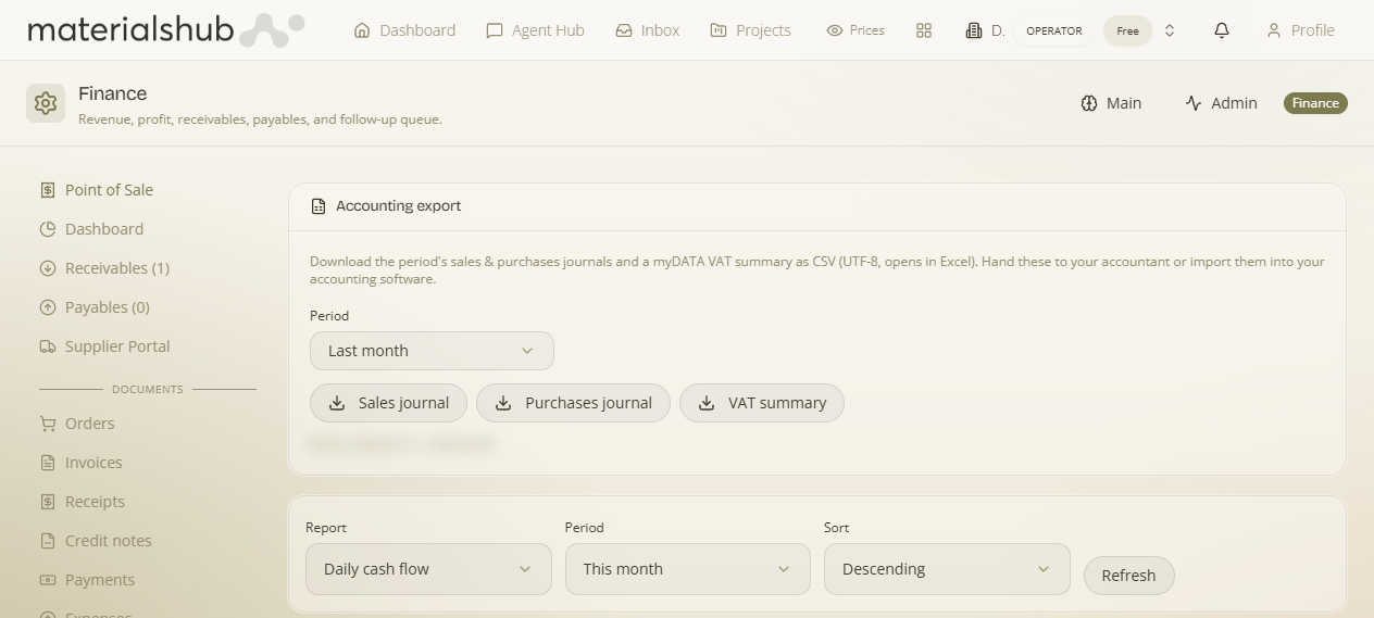 Reports tab: report type (Sales journal, Purchases journal, VAT summary, Sales per day), period selector and Export CSV