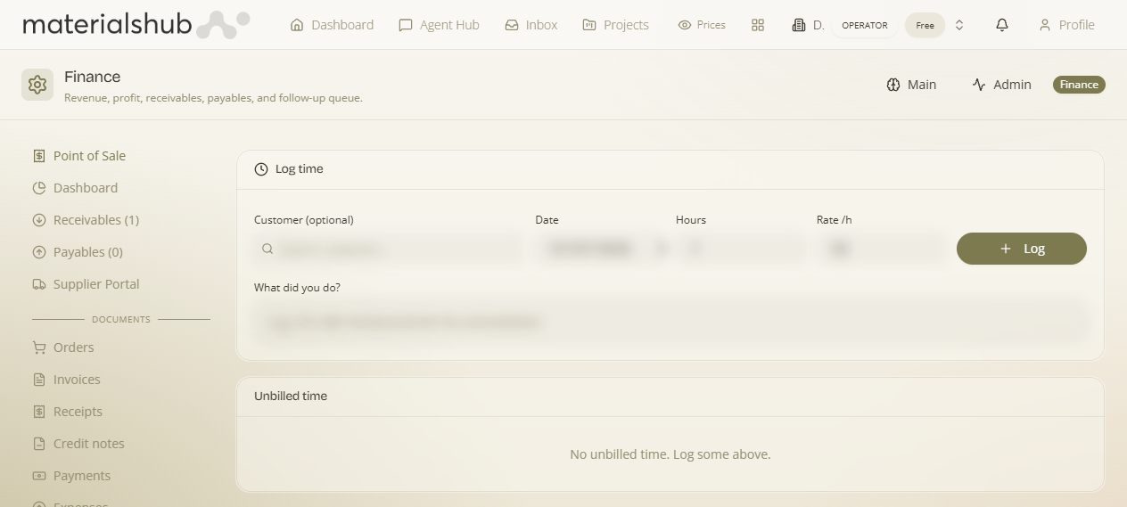 Time and billing tab: Log time, the By user / By contact views, search by customer, and convert unbilled time to invoices