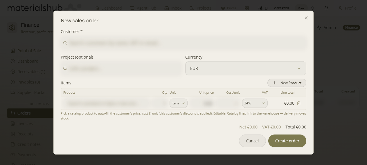 The New sales order modal — Customer, Project, Currency and the Items grid