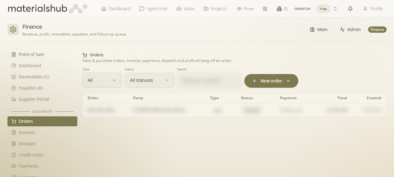 The Orders list under Finance → Documents, with Type/Status/Search filters and create buttons