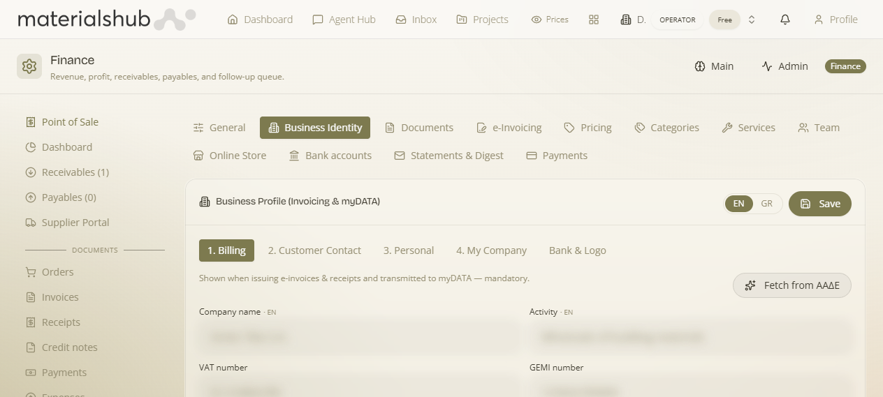 Business Identity settings with the five sub-tabs and the field form