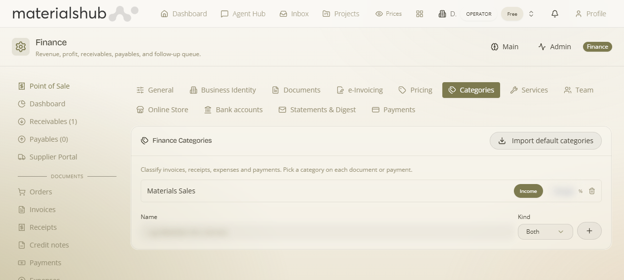 Finance Categories: Name field, Kind dropdown (Both/Income/Expense), optional margin %, Add button and Import default categories