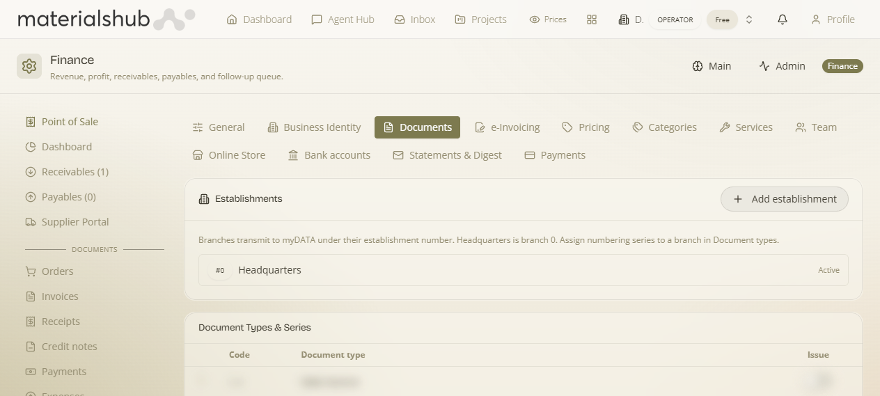 Documents settings: establishments, series and the myDATA inbox keys