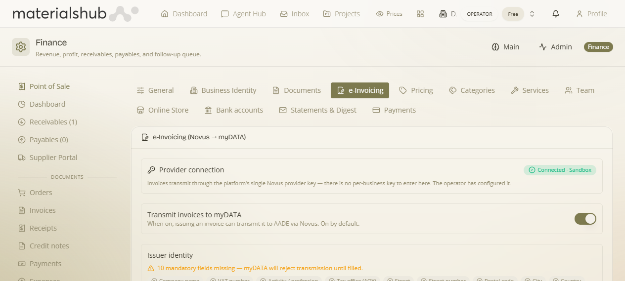e-Invoicing settings: status and note