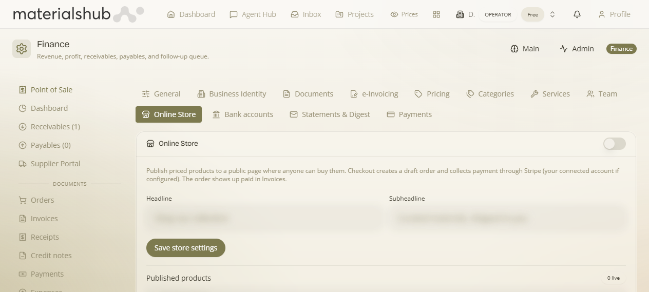Online Store section: Headline and Subheadline fields, product search, and Save store settings button