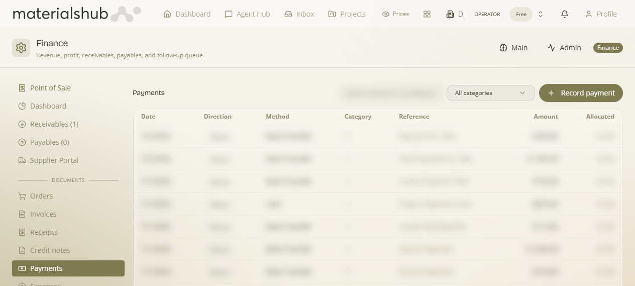 Payments section: configuration of online payment methods and links offered on the public pay page