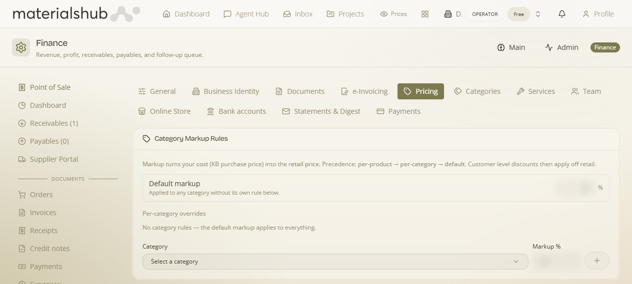 Pricing settings: Category Markup Rules, Customer Pricing Levels, Level Discounts by Category, Custom Pricing Rules