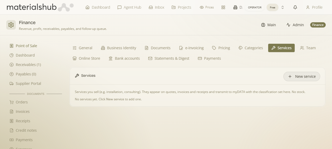 Services section: empty state with the New service button, and the name / price / classification fields