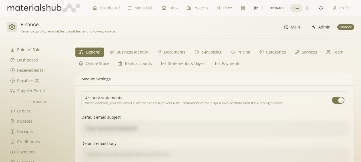 Statement PDF Design section: Cover / page backdrop upload and optional Footer image upload