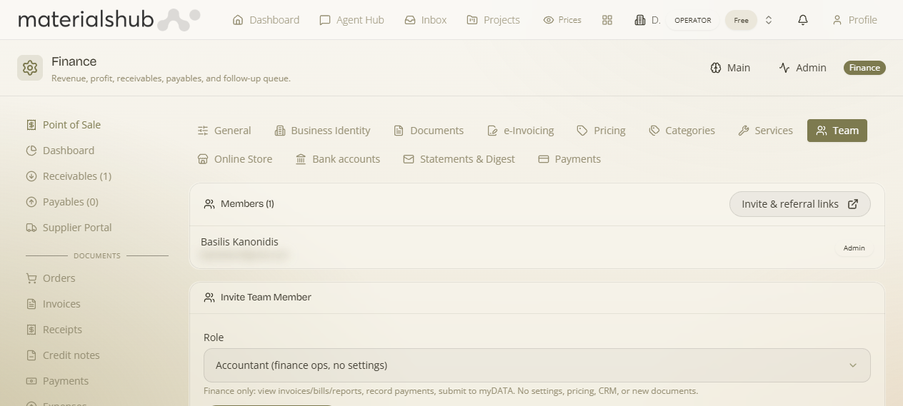 Team section: members list, Role dropdown with description, Generate invite link and the generated link