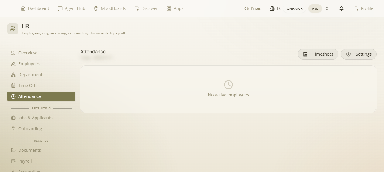 HR → Attendance — clock-in settings, punches and timesheets
