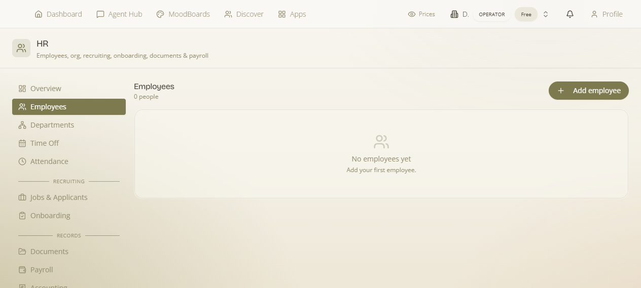 HR → Employees — staff as CRM contacts with an employment record