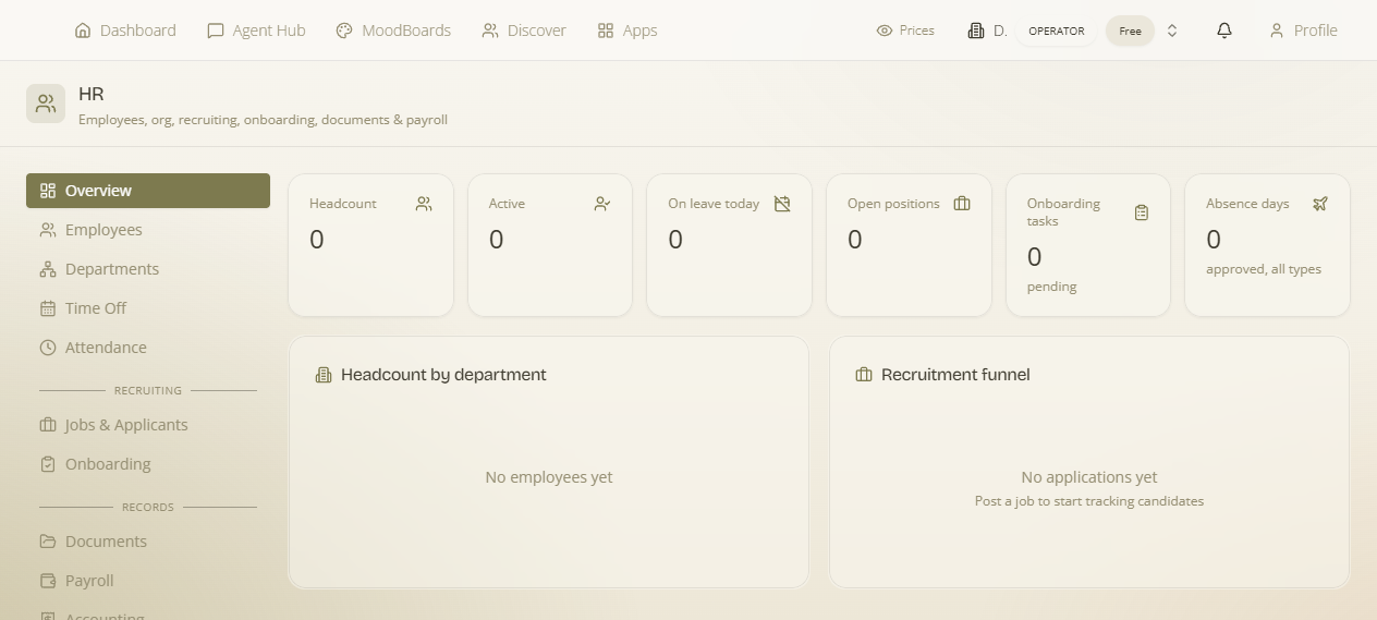 The HR module — Overview with headcount, absences and payroll