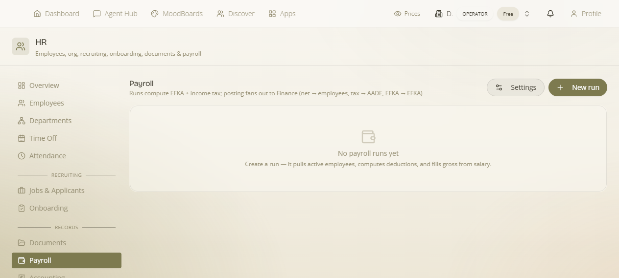 HR → Payroll — runs, per-employee gross/net/employer cost, payslips