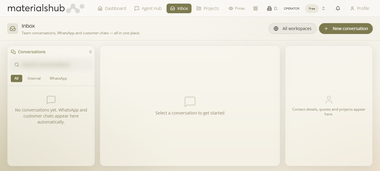 The Inbox showing the conversation list, search box, and All / Internal / WhatsApp filters