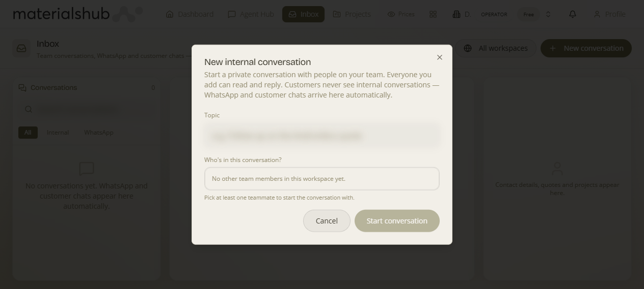 New internal conversation dialog