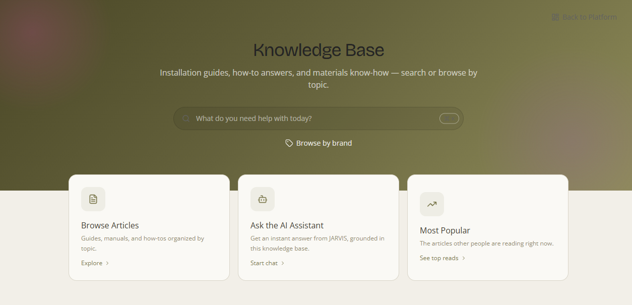 The rebuilt public Knowledge Base help centre — search, Browse Articles, Ask the AI, Most Popular