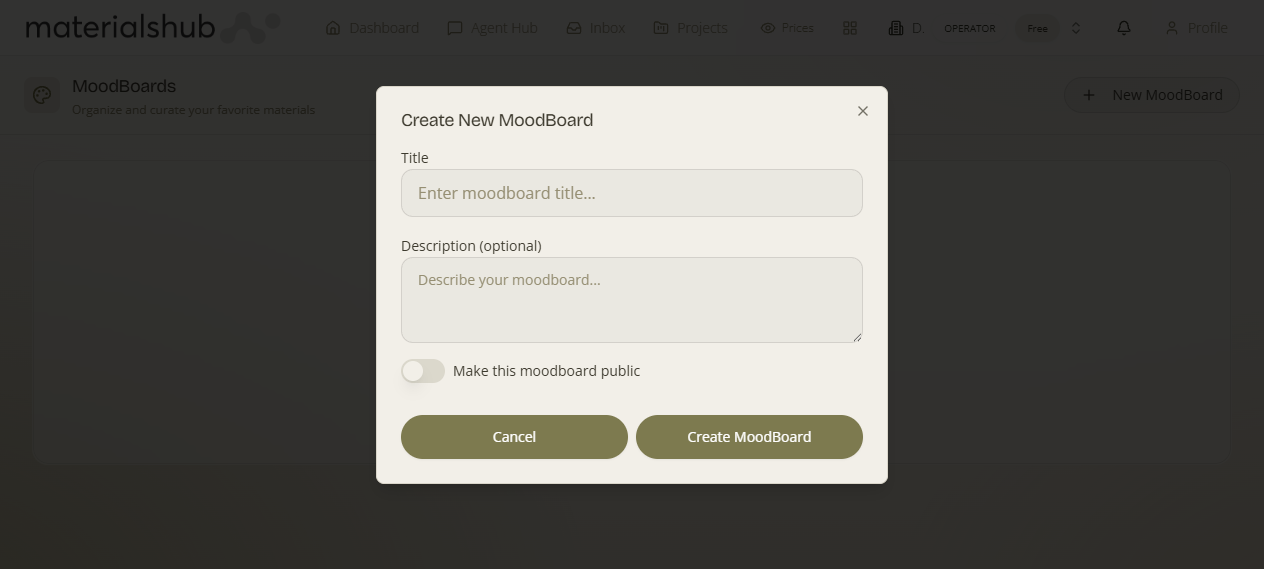 Create New MoodBoard dialog