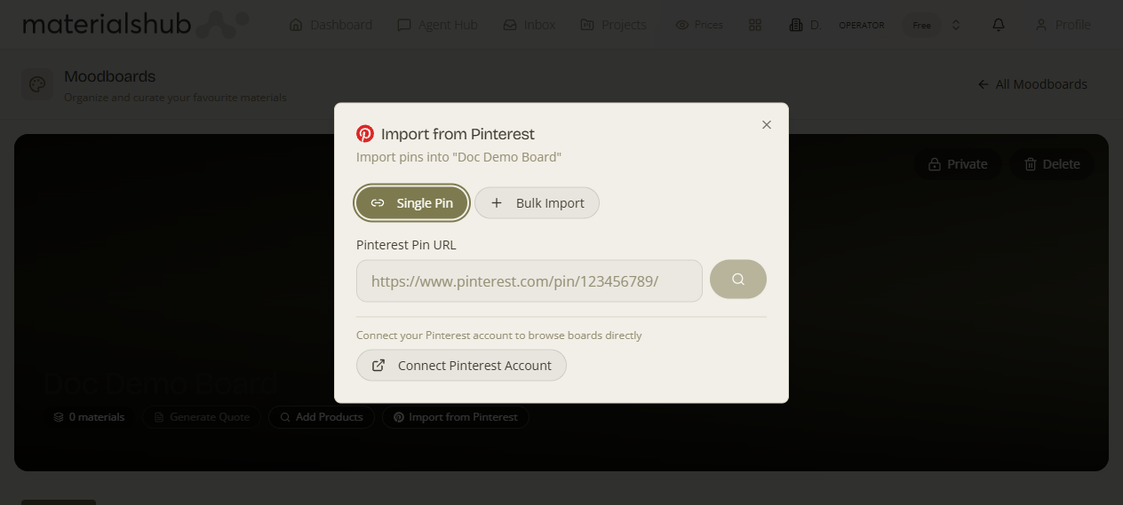 Import from Pinterest dialog
