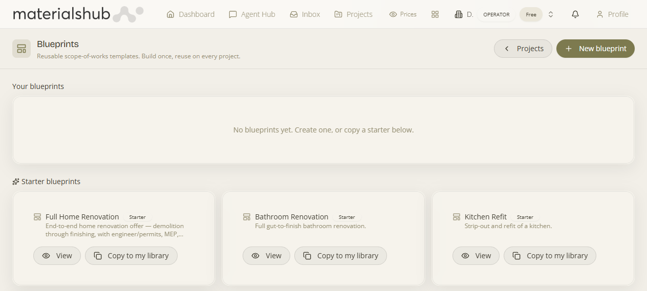 The Blueprint Library — your templates plus starter blueprints to copy