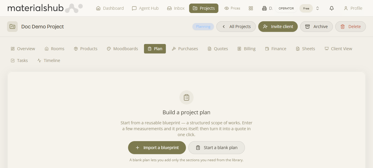 A project's Plan tab — the estimating engine