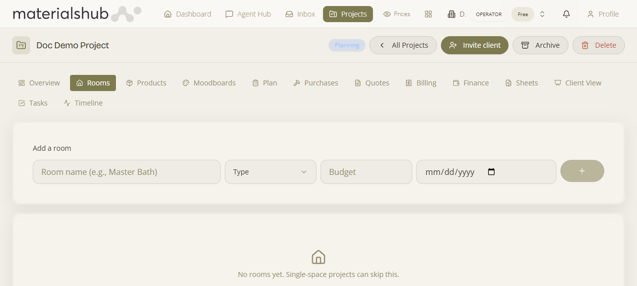 The Rooms tab — break a project into rooms with budgets
