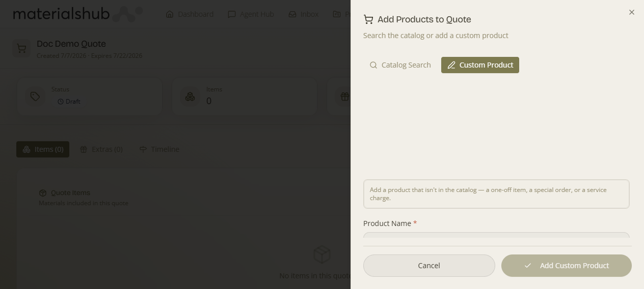 Custom product form in a quote