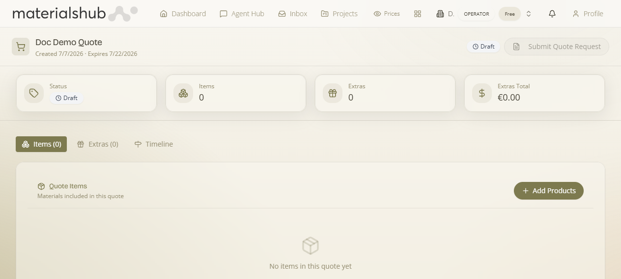 Quote detail page with line items and action buttons