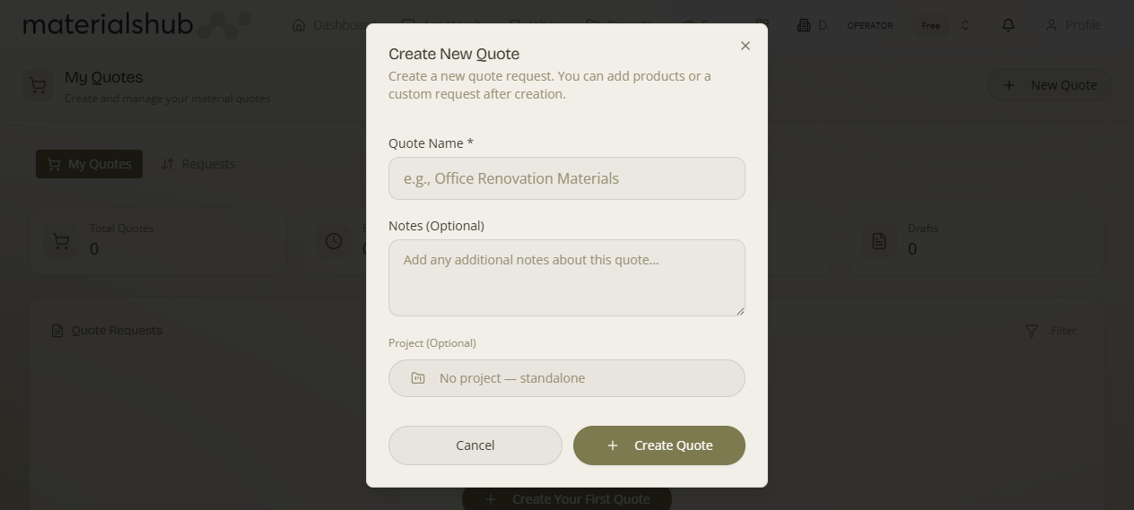 Create New Quote dialog