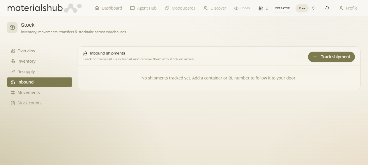 Stock → Inbound — container / Bill of Lading tracking with milestones