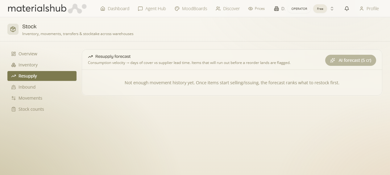 Stock → Resupply — AI forecast with days-cover, stockout risk and recommendations