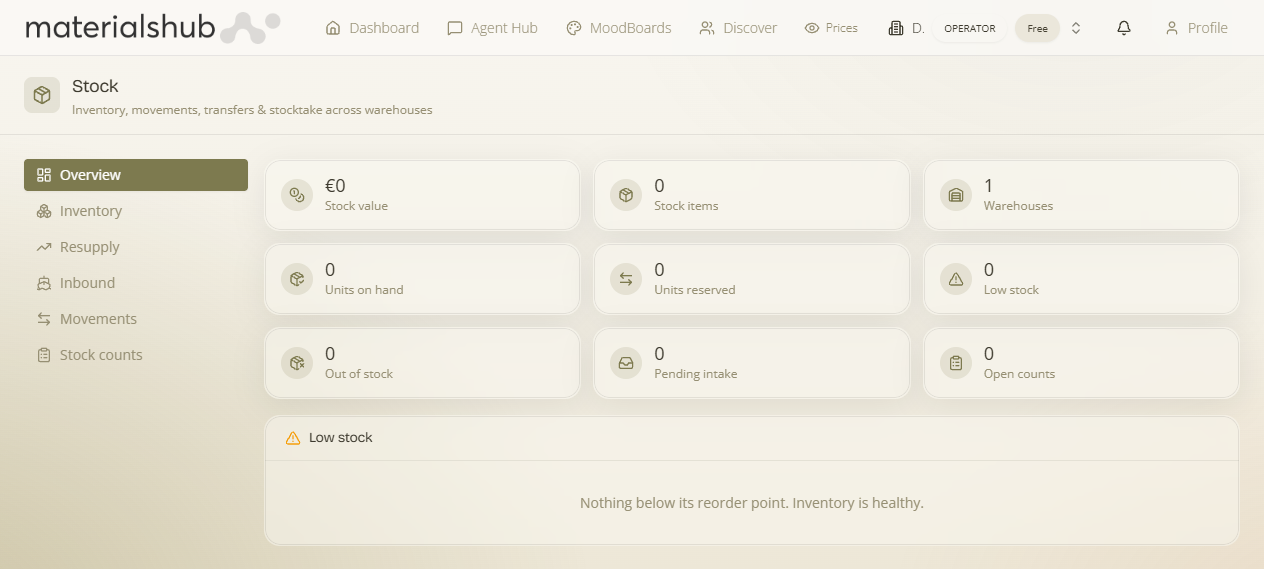 The Stock Management module — inventory overview across warehouses
