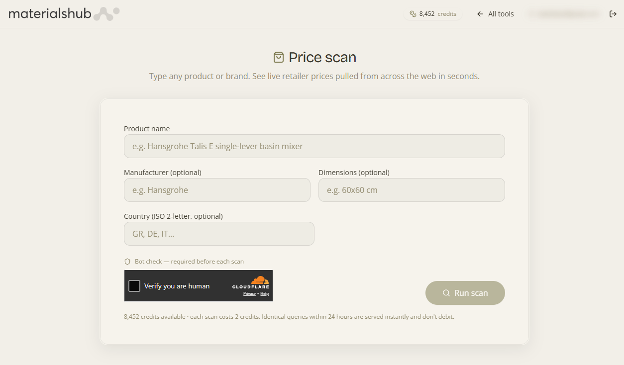 Price scan results listing retailers with prices and lowest/median/highest stats