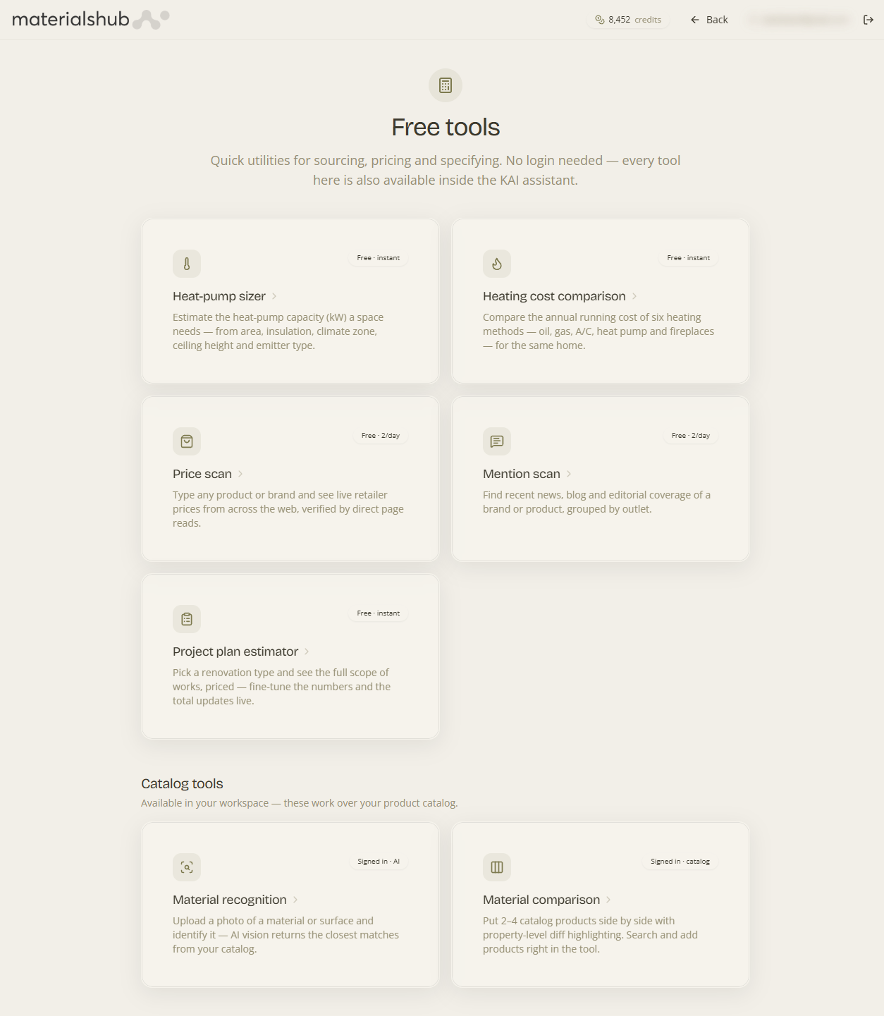 The Free Tools hub with cards for each tool
